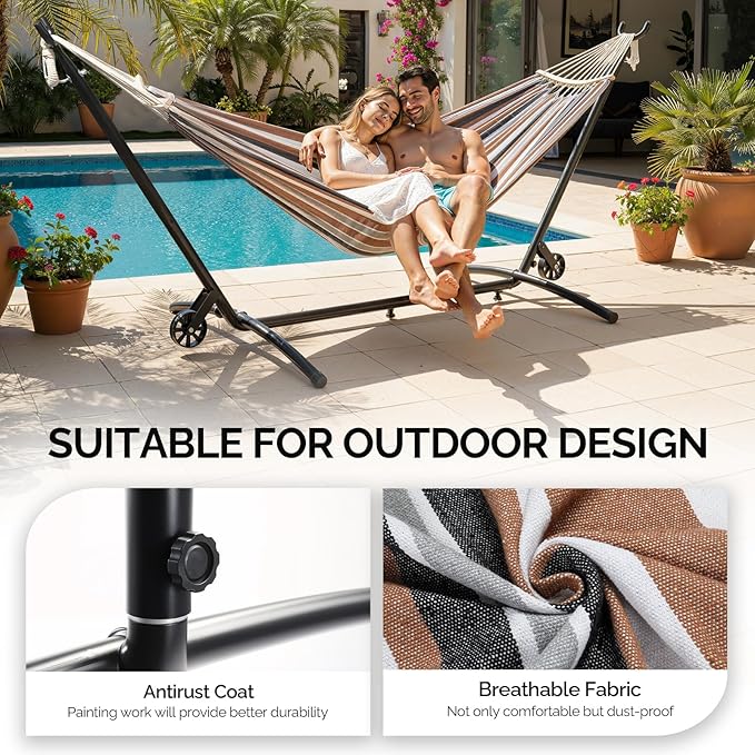 ONCLOUD Double Hammock with Spreader Bar & Heavy-Duty 9ft Steel Wheel Stand, Brazilian Hammock Set, Portable Hammock with Stand for Outside, Backyard, Camping, Includes Carry Bag, 550lb, Desert Strip