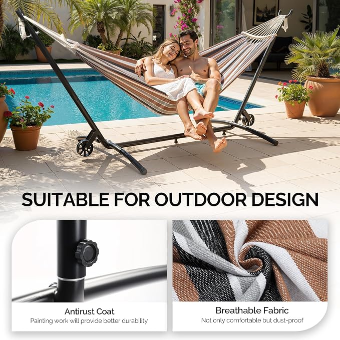 ONCLOUD Outside Hammock with Stand, Portable Hammock Set with Wheel for Camping, Backyard, Heavy Duty Hammock with Carry Bag&2 Wooden Combs, 440LBS, Coffee Brown