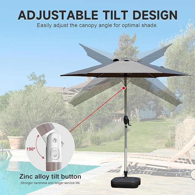 Domi 7.5FT Patio Umbrella Outdoor Market Umbrella with Silver Aluminum Pole, UV Resistant Canopy, Wind Vent, Tilt & Crank System, Perfect for Patio, Garden, Deck, Pool, Outdoor Dining, Gray