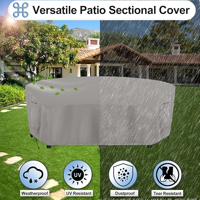 OutdoorLines Waterproof Curved Outdoor Sectional Cover - UV Resistant Windproof Patio Sectional Sofa Covers for Deck, Lawn and Backyard, Heavy Duty Furniture Covers (120Lx36Dx38Hx82FL, Grey)