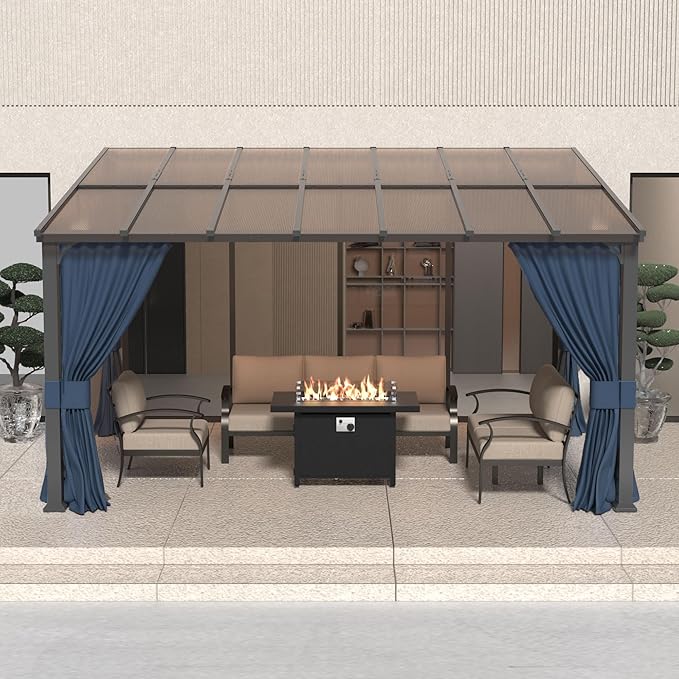 10' x 14' Lean to Gazebo,Large Wall Mount Heavy Duty Gazebos Pavilion,Outdoor Hardtop Pergola Shelter with Curtains and Netting,Sunshade for Patio Garden Lawn Backyard Deck,Navy Blue