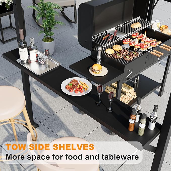 ALAULM 8'x 5' Hardtop Grill Gazebo, Outdoor BBQ Gazebo Metal Roof Canopy with 2 Metal Side Shelves & 5 Tool Hooks for Patio, Garden, Backyard, Poolside (Dark)