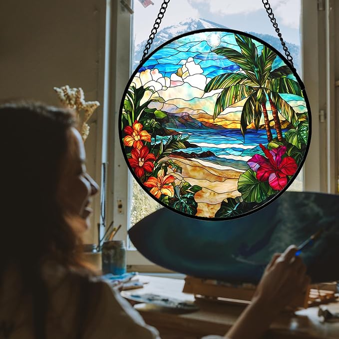 DASTOLL Stained Glass Window Hanging, Blue Beach Scenery Suncatcher Diamond Glass Panel Hangings Sun Catchers Decor for Birthday for Women, Men, Wife, Aunt, and Mom 14.9x14.9 in