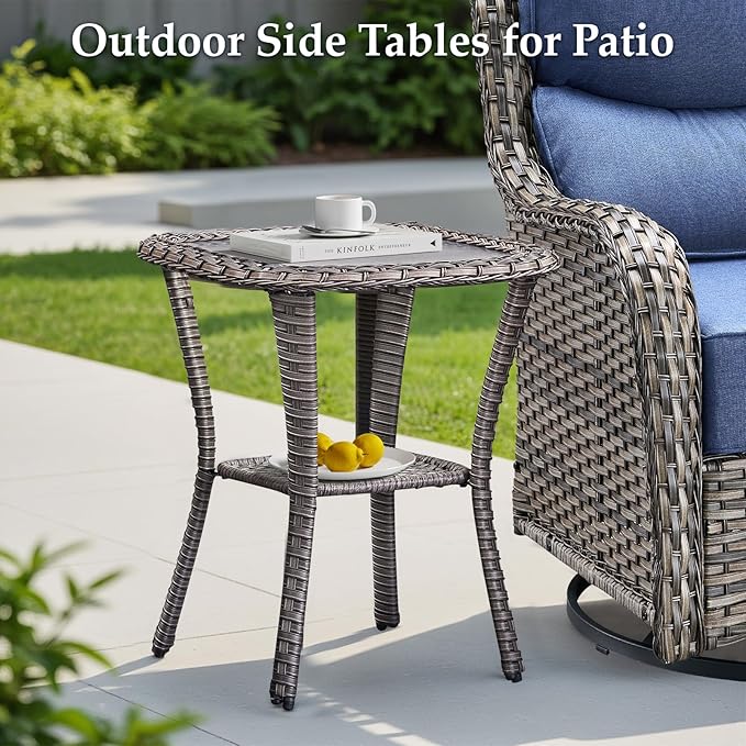 Luxury 5 Pieces Outdoor Patio Furniture Set-All Weather Wicker Outdoor Furniture with Swivel Rocker Patio Chairs 6-inch Extra Thick Cushions Wicker Conversation Set for Garden Porch(Grey/Blue)