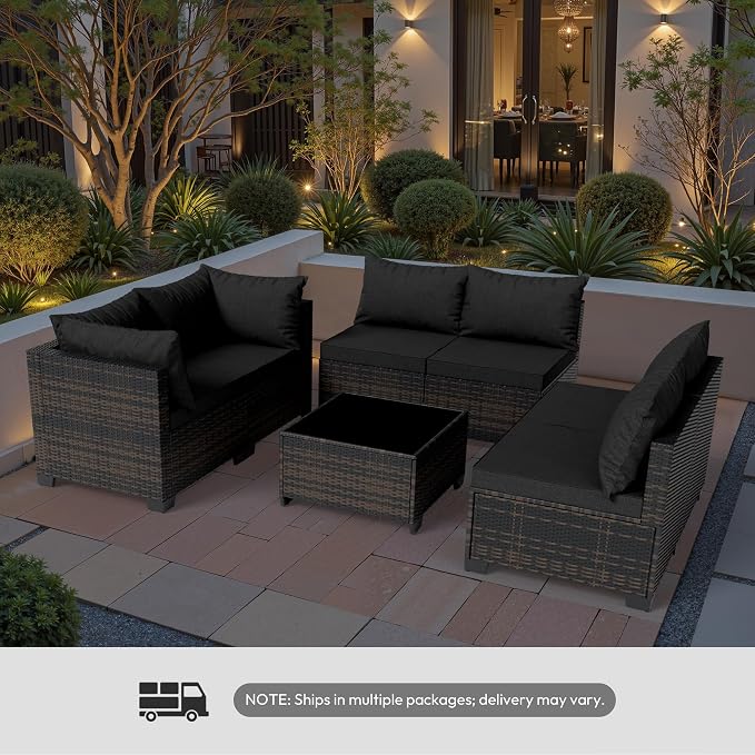 WWR Patio Furniture Set - All-Weather,Water-Resistant - 7 Piece Patio Wicker Rattan Sectional Sofa, Modular Outdoor Conversation Set for Backyard, Garden, Poolside, Balcony, Brown/Black