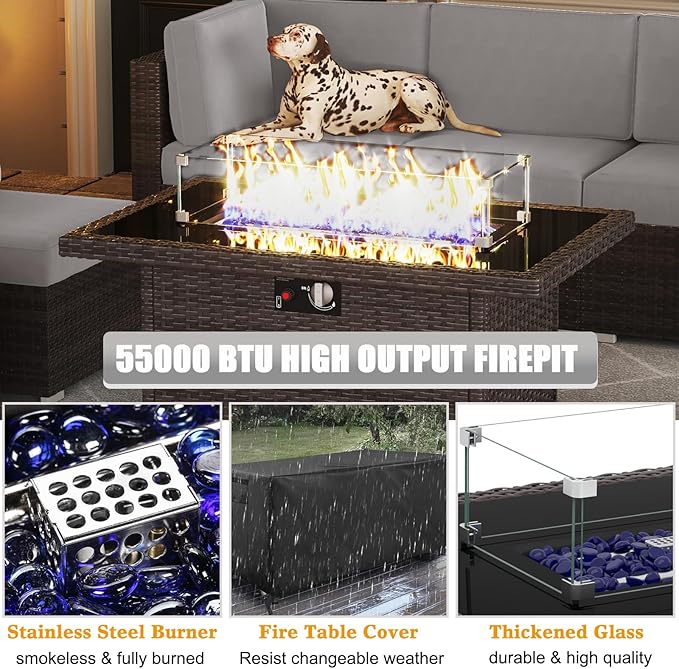 LayinSun 7 Pieces Outdoor Patio Furniture Set with 44" Fire Pit Table Brown Rattan Sectional Sofa Conversation Sets