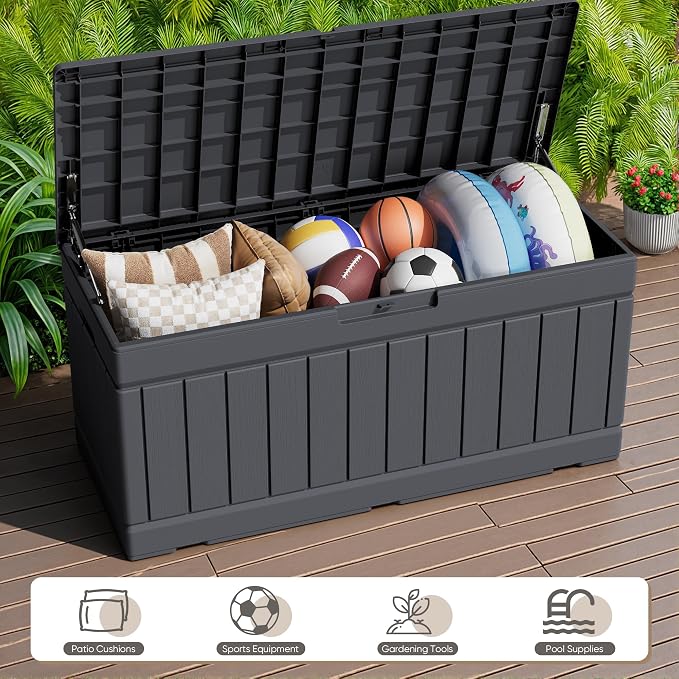 JUMMICO 78 Gallon Outdoor Deck Box Large Resin Storage Box for Patio Furniture Cushions, and Garden Tools (Gray)