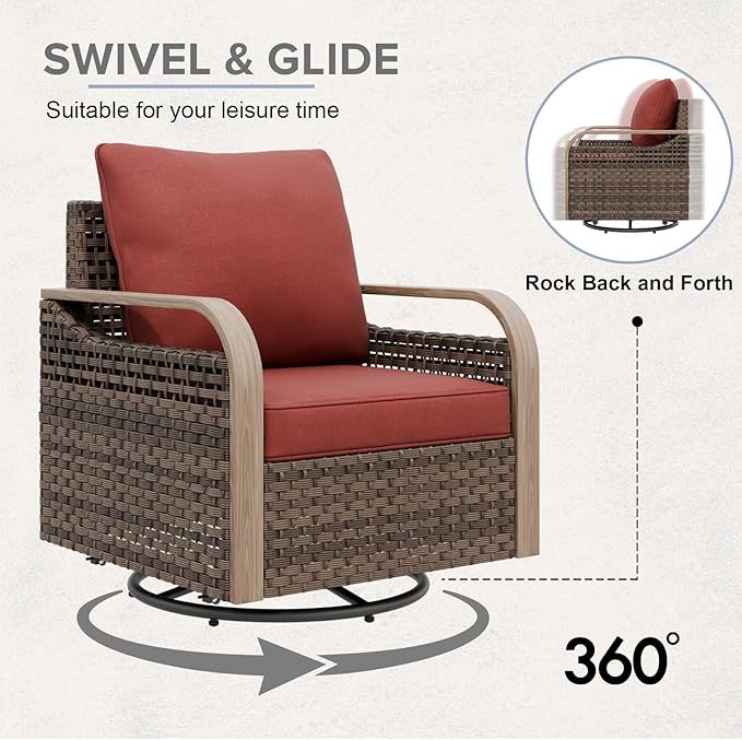COOS BAY Modern Wicker Outdoor Furniture Set, 5 Piece Patio Conversation Set with 2 Swivel Rockers, a 3 Seat Couch and 2 Ottomans, 5 Piece, Brown/Red