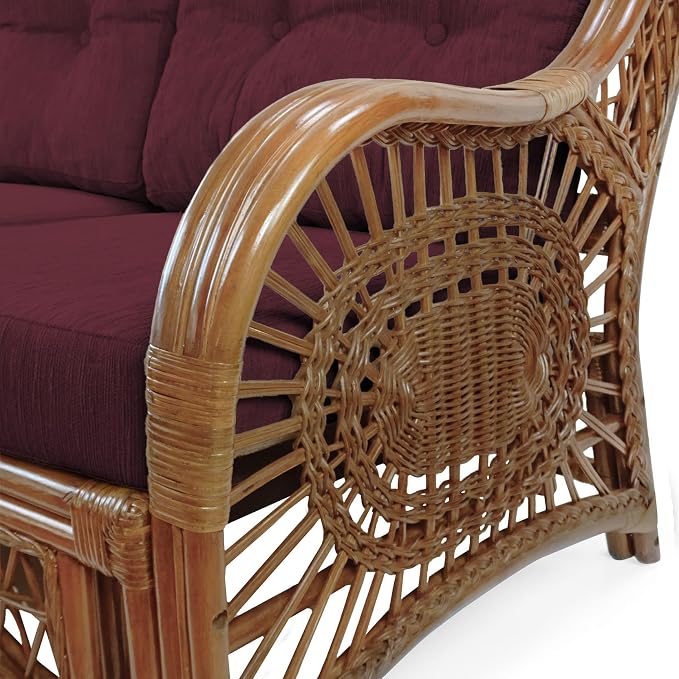 Malibu Lounge Set of 4: 2 Natural Rattan Wicker Chairs, Three-Seater Sofa with Cushions and Coffee Table with Glass Handmade, Colonial Color