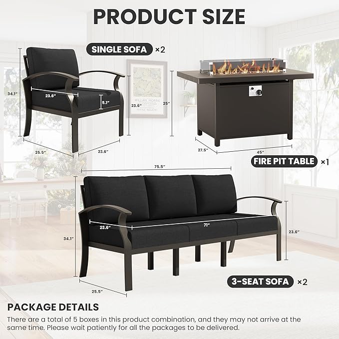 ALAULM Aluminum Patio Furniture Set with Propane Fire Pit Table 8-seat Metal Outdoor Furniture w/Fire Pit Patio Conversation Set w/5.1" Cushions for Patio, Backyard, Poolside-Black