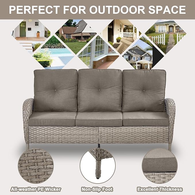 Belord Wicker Outdoor Furniture Set - 7 Piece Patio Conversation Sets with Comfort Swivel Rocker Glider Chairs Set of 2 and Rattan Sofa, Tempered Glass Coffee Table and Side Table,Gray/Gray