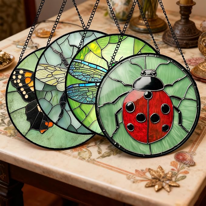 Stained Glass Window Hanging 4 Pcs Set Butterfly Dragonfly Bee Ladybug Large 15" - Suncatcher Door Garden Sun Catcher Decor Birthday Mother's Day for Mom Woman Nana Men