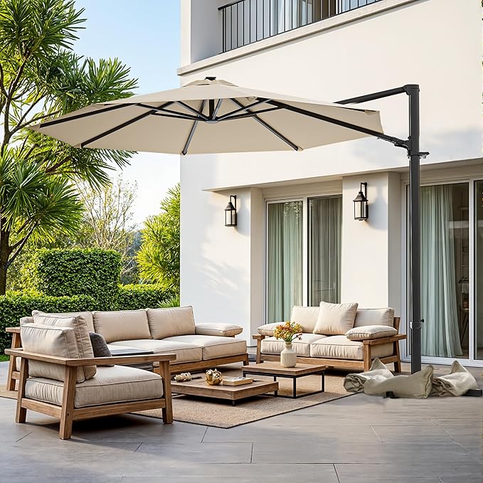 Greesum 10FT Outdoor Patio Umbrella with High Pedel and 4 Gear Heights, Large Offset Market Umbrella with 360-degree Rotation, Without Base, Hanging Outdoor Shade for Garden, Lawn, Pool, Beige