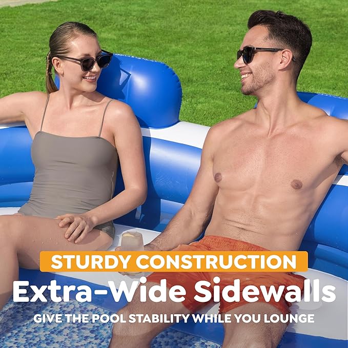 H2OGO! Inflatable Family Pool, Splash Paradise 7'7" x 7'2" x 31" Outdoor Inflatable Swimming Pool for Kids and Adults - Bench Seat, Headrests, & Cupholders