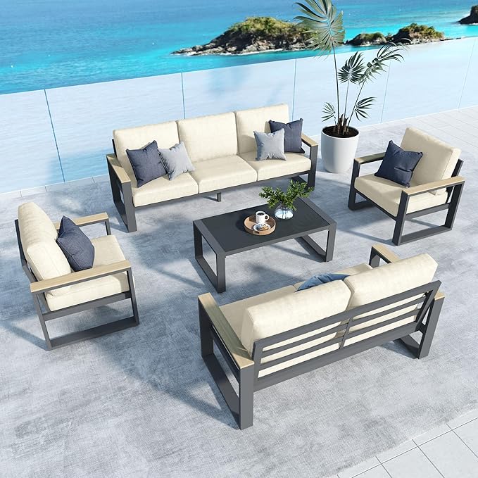 RoyalCraft Aluminum Patio Furniture, 7-Seats Metal Outdoor Furniture Set with Coffee Table, Modern Patio Sofa Sets Outdoor Conversation Set for Pool Garden Porch Backyard, Beige