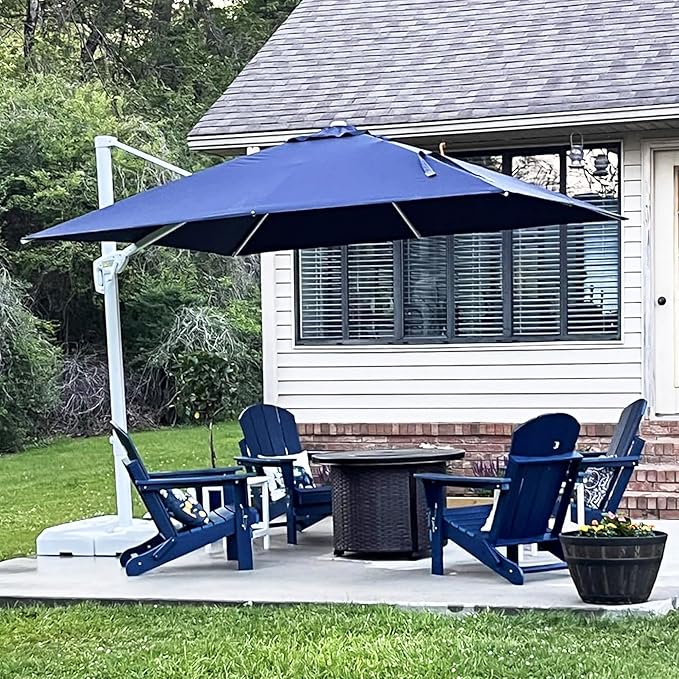 PURPLE LEAF 10 FT Patio Umbrella With Base White Cantilever Umbrella Square Outdoor Offset Windproof with 360° Rotation for Garden Deck Pool, Navy Blue