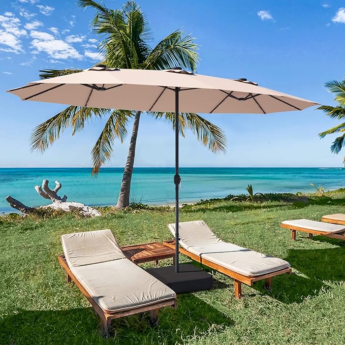 Tangkula 15 Ft Solar Patio Umbrella with Base, Extra Large Outdoor Double-Sided Twin Umbrella with 36 LED Lights & Crank Handle for Garden, Deck, Poolside, Patio (Beige)