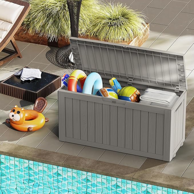 Mars Villa 72 Gallon Deck Box, Outdoor Storage Box Waterproof, Outside Resin Storage Bin for Patio Furniture Cushion, Pool Supply, Garden Tool, UV-Resistant and Weatherproof, with 4 Wheels, Greige