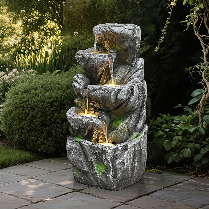 31.9'' Outdoor Garden Water Fountain with Lights Cascading Large Waterfall Floor Standing Fountain for Patio, Backyard, Deck, Porch and Home Art Decor