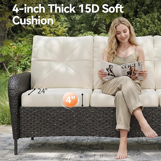 Aoxun Luxury 8-Piece Patio Furniture Set with 44'' Fire Pit Table, Wicker Rattan Sofa with Thick Cushion, Outdoor Conversation Set for Backyard, Poolside & Garden, Black/Beige