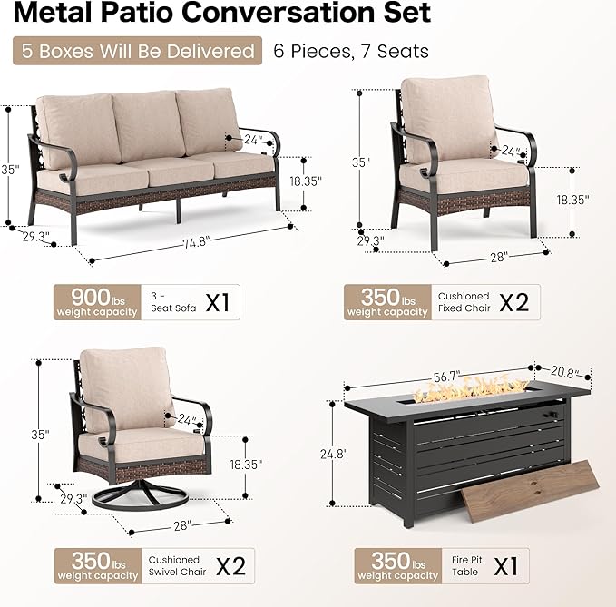 6 Piece Metal Outdoor Patio Furniture Sets with Firepit Table, Patio Conversation Sets 1 3-Seater Sofa, 2 Leg Chair and 2 Swivel Chair with 5.75" Cushion for Backyard Deck, Beige