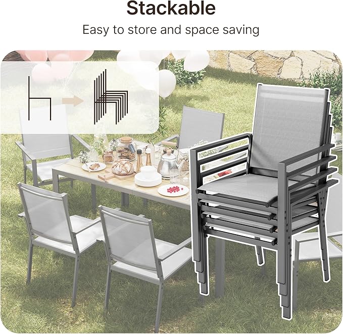 Ahomly Patio Table and Chairs Set for 6, Outdoor Dining Set Includes 59.5" Rectangle Patio Table with Side Umbrella Hole and 6 Textilene Fabric Patio Chairs for Courtyard, Backyard, Pool, Grey&Brown