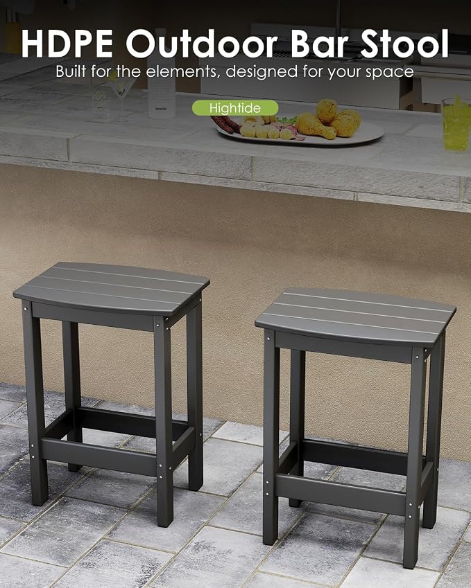 GREENVINES Outdoor-Bar-Stools-Set-of-2 | Patio Counter Height Backless Barstools | HDPE Plastic | 18" W x 13.5" D x 25" H | Chairs for Backyard Balcony Poolside | Grey