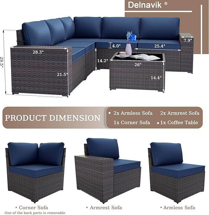 Patio Furniture Set Sofa 6-Pieces Wicker Sectional Sofa Set, Outdoor Furniture Rattan Patio Conversation Set with Thickened Cushion and Glass Coffee Table, Navy Blue