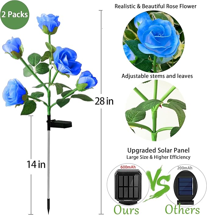 10 LED 7-Color Changing Solar Rose Flower Lights Garden Decorations Outdoor Waterproof Decorative Stake Lights for Patio Pathway Yard Lawn Decor(2 PCS Blue)
