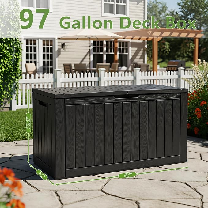KAMABOKO 97 Gallon Waterproof Large Resin Deck Box, Lockable Large Outdoor Storage Box Indoor Outdoor Storage Container for Patio Cushions, Gardening Tools, Pool Supplies, Black