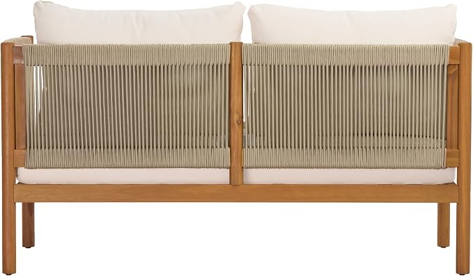 Merax Outdoor Loveseat & Coffee Table Set with Acacia Wood Frame in Teak Look, Beige Rope Panels & Cream Water-Repellent Cushions for Patio & Garden