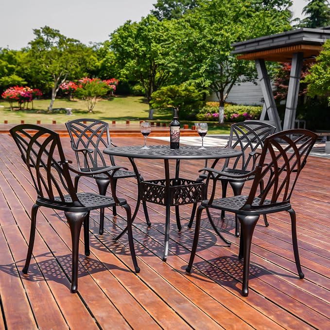 5 Pieces Outdoor Patio Dining Set, Cast Aluminium Patio Furniture Set with 4 Chairs Round Table, Anti Rust Outdoor Dining Set with 1.97" Umbrella Hole for Garden, Porch and Poolside, Bronze