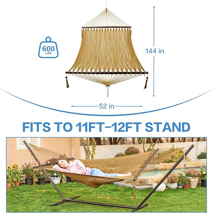 PNAEUT 2 Person Rope Hammocks for Outside, Handwoven Double Caribbean Hammock with Spreader Bar for Outdoor Indoor, Max 600 lbs Capacity (Tan)
