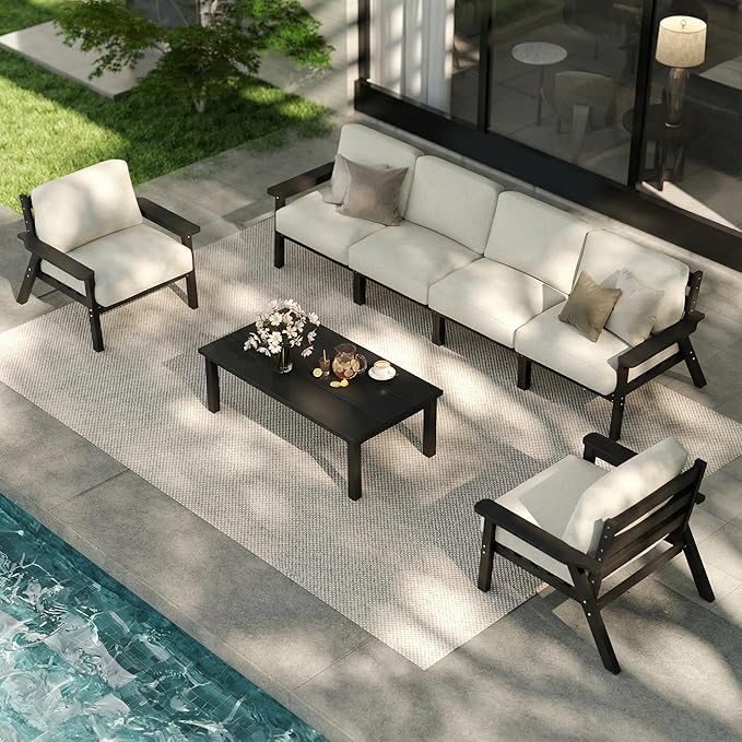 Patio Furniture Set 7 Seats, HDPE Outdoor Sectional with Beige Washable Thick Cushions, Coffee Table, Patio Conversation Sets for Lawn, Garden, Porch, Balcony, Deck (Black Frame)