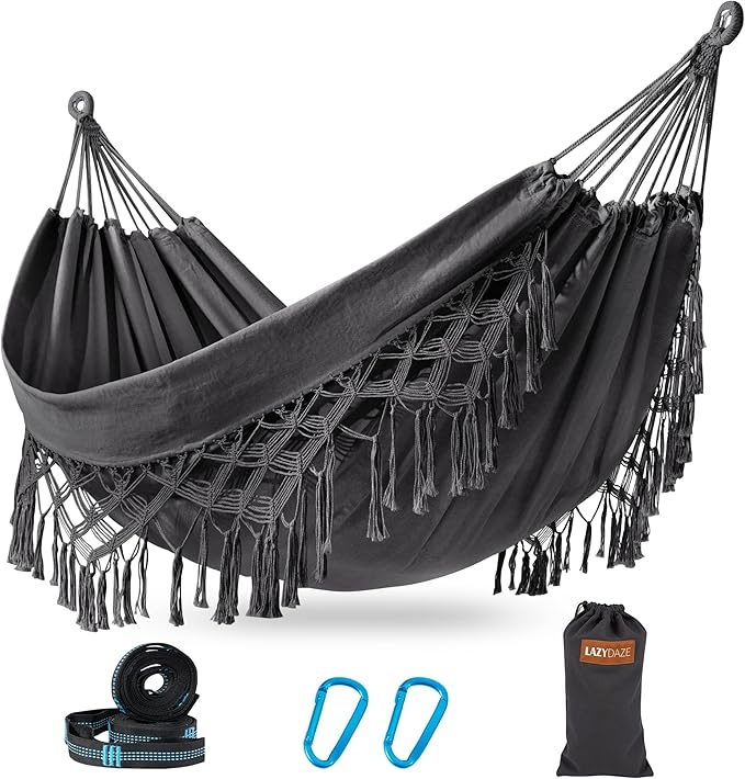 Lazy Daze Hammocks Extra Large Double Hammock, Portable Camping Hammock with Travel Bag & Tree Straps for Outdoor, Camping, Backyard, Patio, 550lbs Capacity, Dark Gray