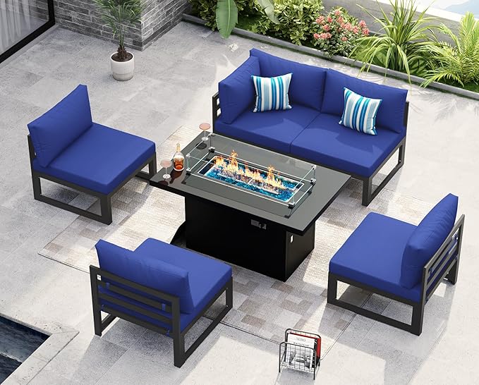 NICESOUL® 6 Piece Modern Extra-Large Aluminum Outdoor Patio Furniture Set with Firepit Table Propane/Natural Gas, 500lbs Heavy Duty 29'' Deep Wide Conversation Sofa for Backyard Garden Deck, Navy Blue