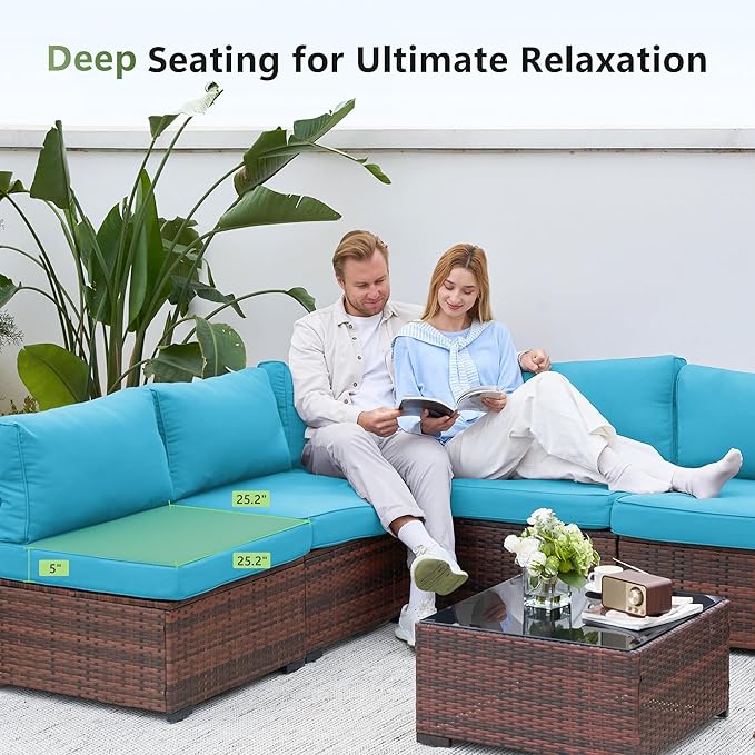 Amopatio Patio Furniture Sets with Waterproof Cover 7 Pieces Patio Conversation Set Outdoor Sectional Wicker Rattan Sofa,Patio Furniture with Pillows Fits Porch Garden Backyard Balcony(Sky-Blue)