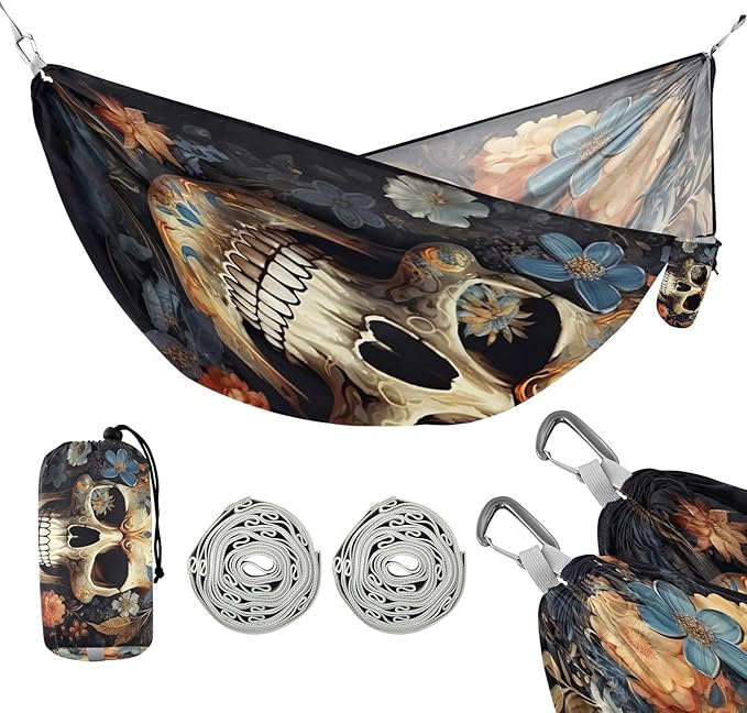 FRMG Skull Floral Hammock 500 lbs Capacity Portable Hammocks with Tree Straps & Attached Carry Bag, Camping Essentials Gear, 2011338a