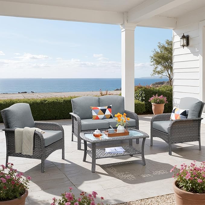 4 PCS Outdoor Patio Furniture Set with Glass Table, All-Weather Rattan Wicker Outdoor Conversation Set with Thickened Cushions for Balcony Backyard Garden Lawn,Dark Grey