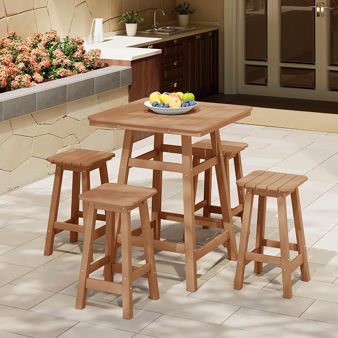 Costaelm Outdoor Bar Table, 37" Counter Height Square Patio Cocktail Bar Table with Umbrella Hole, Patio Bistro Dining Pub Table for Front Porch Deck Backyard Garden, Teak
