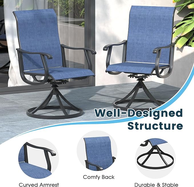 7 Pieces Patio Furniture Dining Set, 6 Textilene Swivel Dining Chairs, 53" Outdoor Round Metal Table with 1.57" Umbrella Hole, Outdoor Dining Set for Porch, Lawn, Garden, Black/Blue