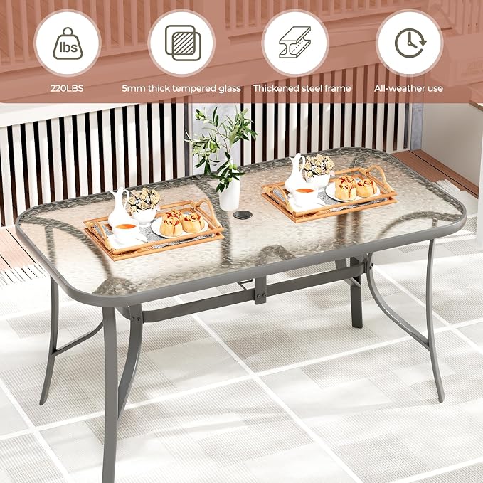 TLSUNNY Patio Dining Set for 6, Outdoor Table and Chairs W/1.69″ Umbrella Hole, 30"X 55" Table and Stackable Textilene Chair, All Weather Patio Furniture Set (Grey Table & Black Chair)