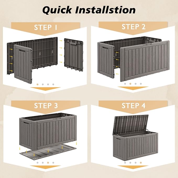 Fancyango 110 Gallon Outdoor Deck Box Waterproof, Large Storage Box for Patio, Resin Storage Bench Lockable for Garden Tools, Package Delivery, Grey
