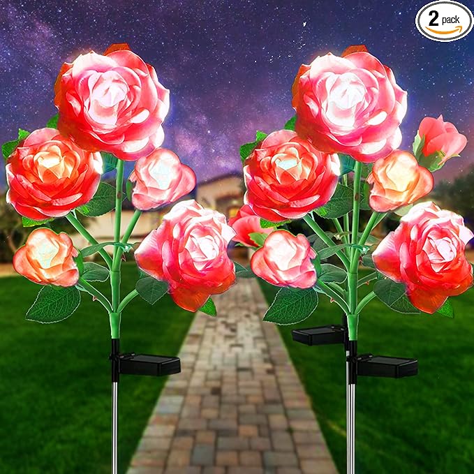10 LED 7-Color Changing Solar Rose Flower Lights Garden Decorations Outdoor Waterproof Decorative Stake Lights for Patio Pathway Yard Lawn Decor(2 PCS Red)