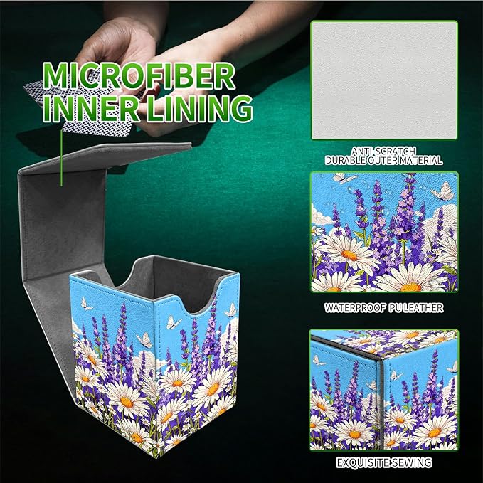 Blue Sky Lavender Card Deck Box for MTG, Personalized Card Storage Case Fits 120+ Sleeved Cards, Premium Leather TCG Box with Strong Magnetic Closure for Magic, CCG, PTCG, Baseball Cards