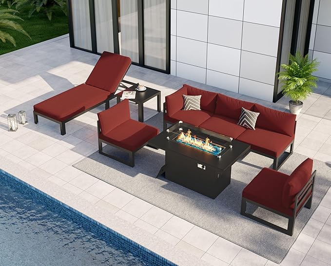 NICESOUL 8 Pcs XL Aluminum Patio Sectional Furniture Set with Chaise & Fire Pit Table, 500 lbs Heavy Duty Anti-Rust Outdoor Couch, 29" Deep Wide Seating, High End Conversation Sofa for Poolside, Red