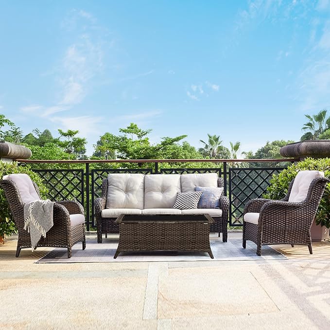 Rilyson Outdoor Couch Wicker Patio Sofa - 3 Seat Rattan Sofa with Deep Seating and Comfortable Cushions for Outside Porch Deck Balcony Garden(Brown/Beige)