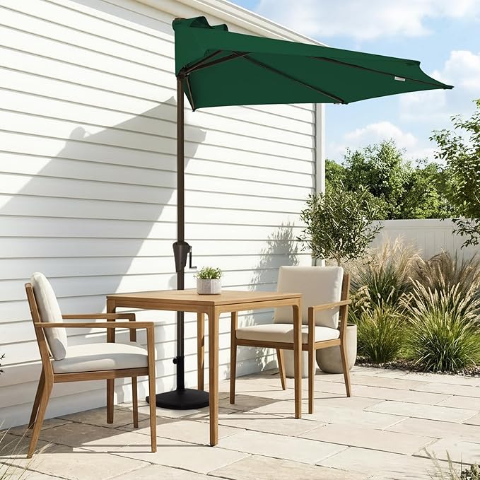 JEAREY 9ft Half Umbrella Outdoor Patio Umbrella Market Umbrellas with Crank, 1/2 Round Wall Umbrella 5 Sturdy Ribs UV Protection for Pool Garden Balcony Deck, Dark Green