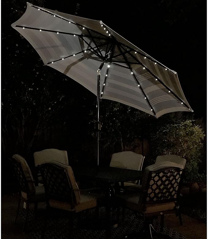 9' Round Patio Umbrella with 32 Solar Powered LED Lights, Push-Button Tilt and Hand Crank Lift, Solar Lighted Umbrella in Navy Stripe for Patio, Porch, and Backyard by Sun-Ray