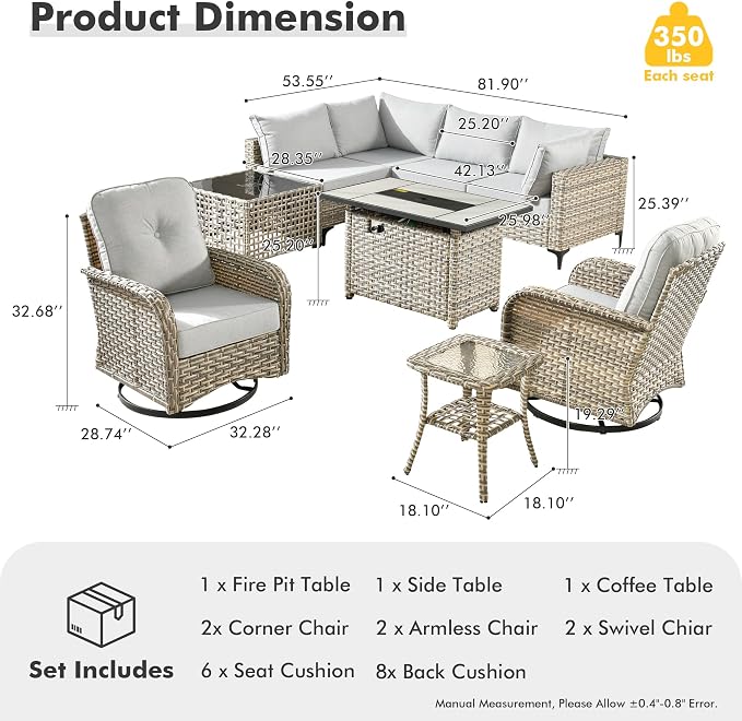 Outdoor Sectional Patio Furniture Set,9 Pieces All Weather Rattan Wicker Conversation Sets with Fire Pit,Out Door Furniture with Swivel Chairs Glowing Coffee Table,Light Grey